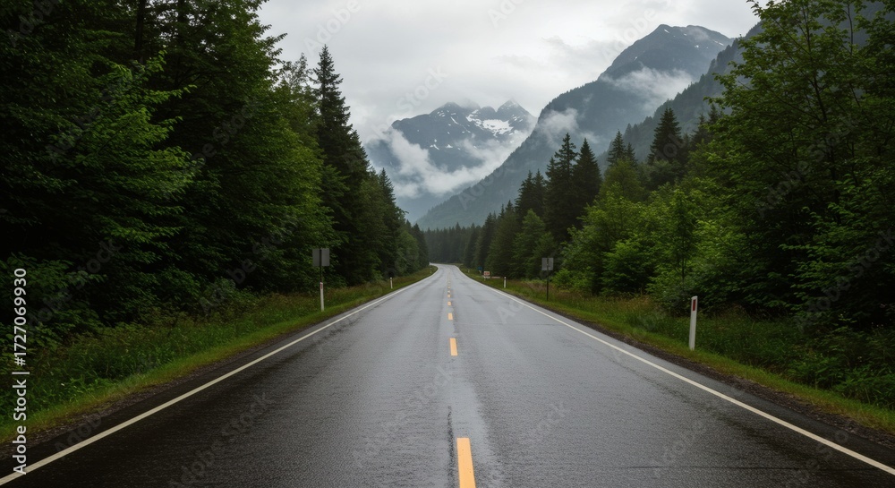 Fototapeta premium Mountain Road Serenity Journey into Majestic Nature with Clouds, and and Greenery.