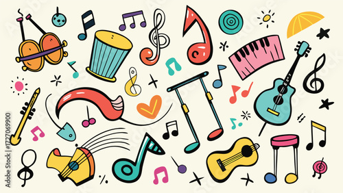 An assortment of musical notes and symbols displayed together, representing different aspects of music notation..eps