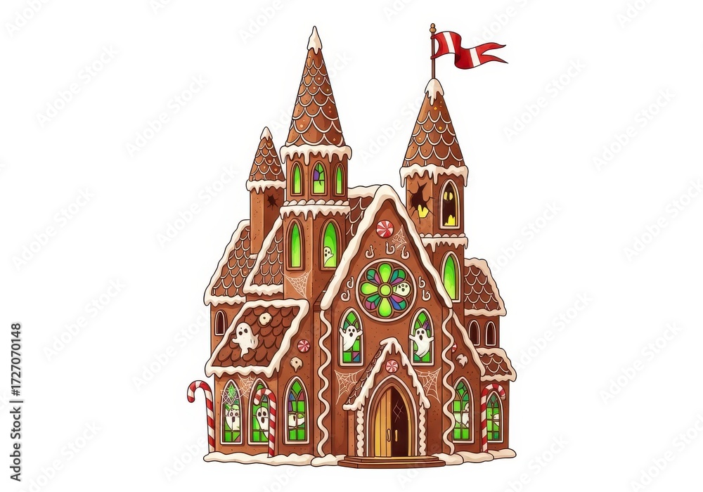 Naklejka premium Spooky gingerbread castle with ghosts and candy canes on background haunted