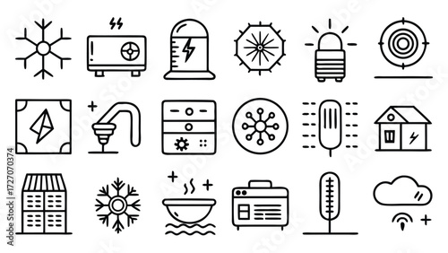 Icons illustrating air conditioning and heating systems, highlighting different functionalities for temperature management..eps