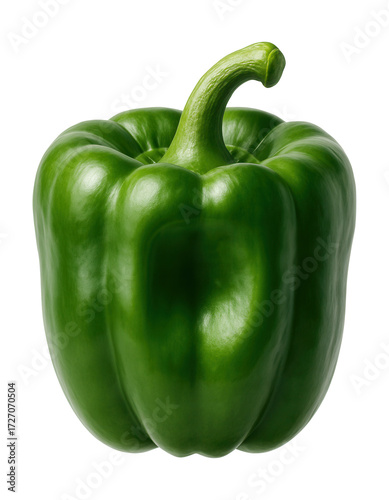 Stylized 3D green bell pepper with soft shadow, floating.