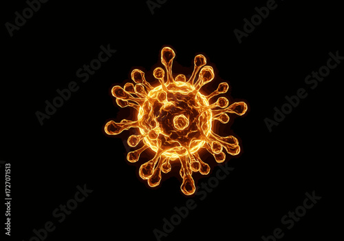 Glowing Orange Coronavirus Cell on Black Background.