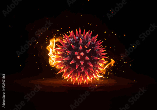 Burning Red Spiked Sphere with Flames and Sparks on Black Background.
