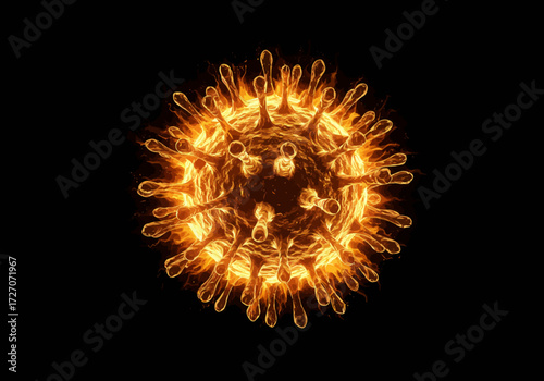 Fiery Coronavirus Illustration with Spikes on Black Background.