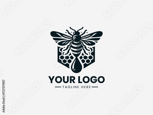 Detailed honey bee vector logo with transparent wings and honeycomb pattern for apiary business branding