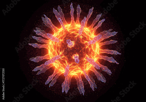 Microscopic View of a Virus with Spikes and Fiery Glow.