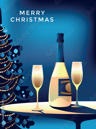 A bottle of champagne and two glasses on a bar table with a decorated Christmas tree in the background. Art Deco party invitation concept. Handmade drawing vector illustration.	