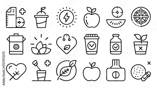 A variety of icons representing health and wellness themes, such as exercise, healthy eating, and mindfulness..eps