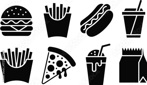 Fast food silhouette icon set featuring burger, fries, pizza, drink, hot dog, takeout box for restaurant, snack, and menu design.