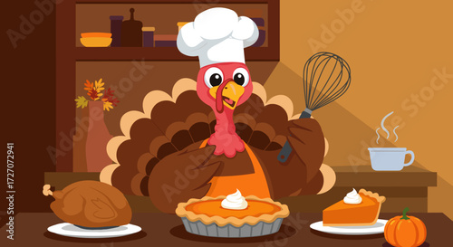 Cartoon turkey chef preparing Thanksgiving dinner in cozy kitchen  