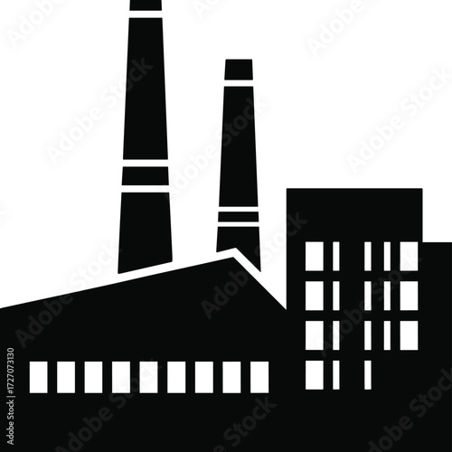 Industrial factory building with tall chimneys, warehouse windows, and manufacturing plant silhouette vector illustration design for industry business