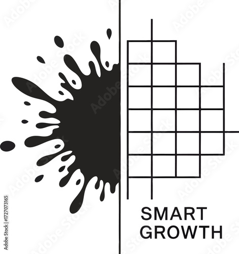 A conceptual illustration contrasting a chaotic ink splat with a structured grid representing smart growth.