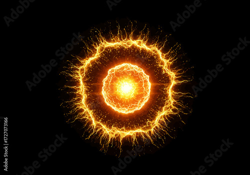 Fiery Energy Core with Electrical Discharges on Black Background.