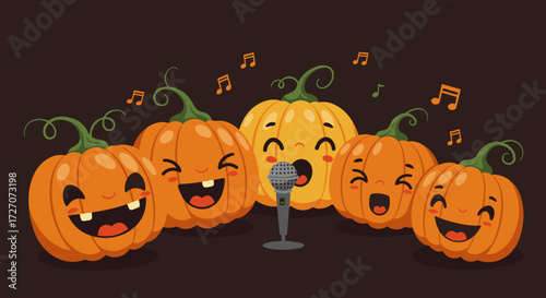 Happy pumpkins singing around a microphone with musical notes  