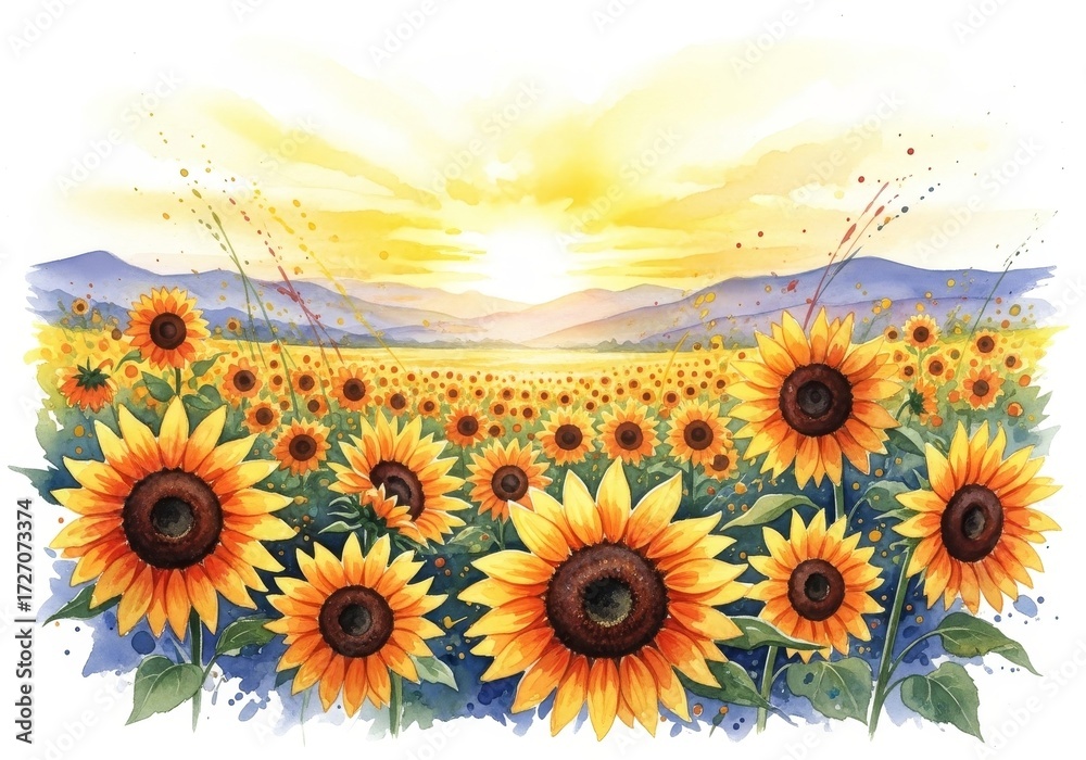 Obraz premium Sunflowers Fields Golden Evening Light - A watercolor painting of sunflowers field in sunset. Symbolizes nature, growth, tranquility, warmth, and hope