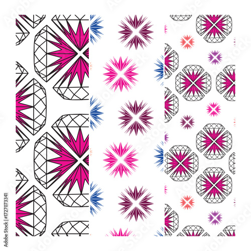 Abstract tribal seamless pattern set with geometric ethnic designs in black, white, and pink. Perfect for textile fabric printing, fashion apparel, wrapping paper, wallpaper, and digital backgrounds.