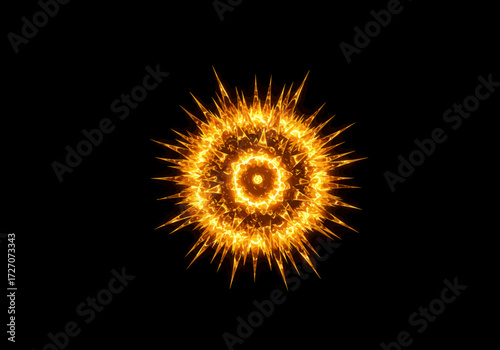 Fiery Abstract Burst with Sharp Spikes on Black Background.