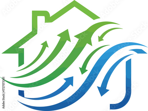 A stylized house icon with flowing green and blue arrows representing home air circulation, ventilation, and climate control.