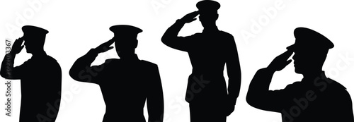 Military salute silhouette vector set of soldiers in uniform, honoring respect, discipline, patriotism, army tribute icons for design themes