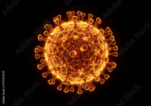 Fiery Coronavirus Rendering with Spike Proteins on Black Background.