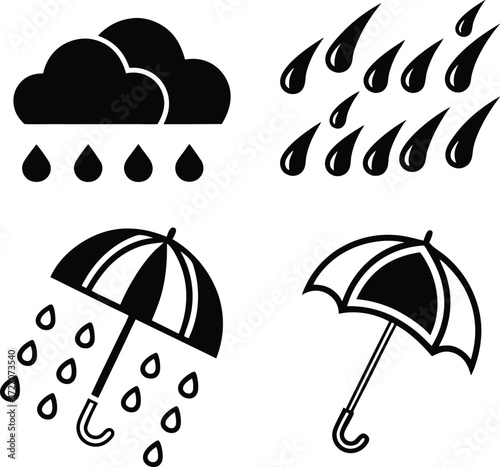 “Minimalist Vector Icon Set of Rain, Umbrella, and Clouds for Weather Forecast”