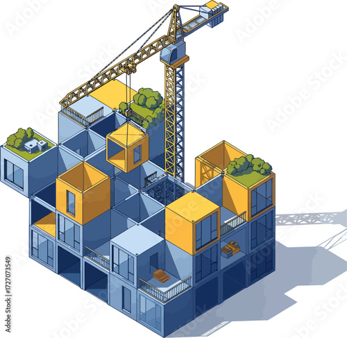 An isometric illustration of a construction crane assembling a modern, sustainable modular building with green rooftop gardens.
