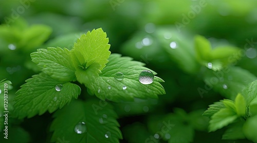 Lush Green Leaves Adorned with Sparkling Raindrops in Soft Focus Macro Shot Nature's Freshness and Renewal Concept Close Up View