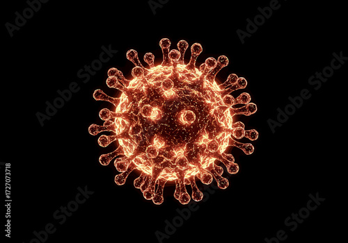 Glowing Orange Coronavirus Particle with Spikes on Black Background.