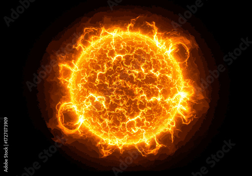 Fiery Sun Illustration with Plasma Flares on Black Background.