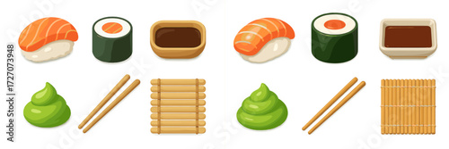 Various types of sushi with soy sauce, wasabi, and bamboo mats on a white background