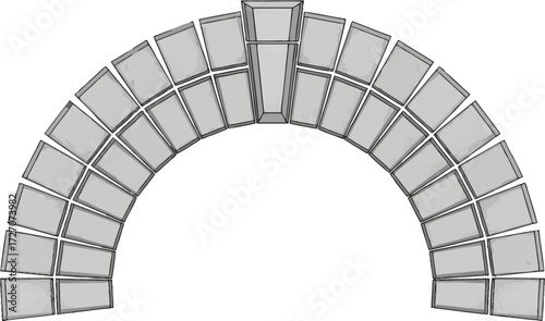An architectural illustration of a symmetrical semi-circular stone arch with a prominent central keystone.
