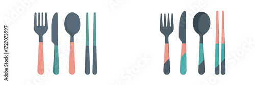 Colorful cutlery sets displayed on a white background, featuring forks, knives, spoons, and chopsticks
