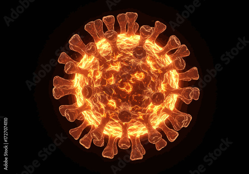 Glowing orange coronavirus cell with spike proteins on black background.