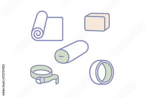 Various yoga equipment displayed on a clean background including mats, blocks, and straps for fitness activities
