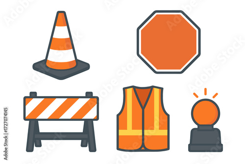 Safety equipment and road signs for construction zones, focusing on visibility and caution measures