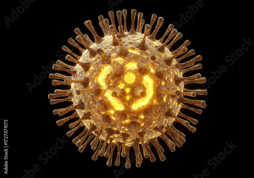 Detailed Golden Virus Rendering with Spikes and Internal Glow.