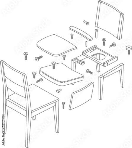 A technical line drawing showing an assembled wooden chair alongside an exploded view of its individual components and hardware.