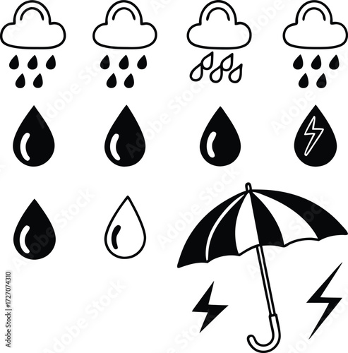 “Monochrome Vector Rain Icons: Clouds, Raindrops, Umbrella for Weather UI”