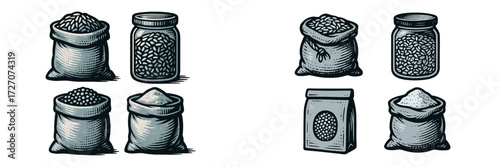 Different types of grains and powders displayed in bags and containers at a market setting