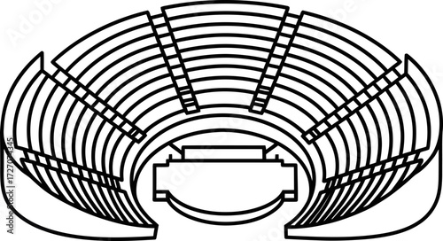 A black and white line art illustration of a classical amphitheater, showing the semi-circular tiered seating and central stage.
