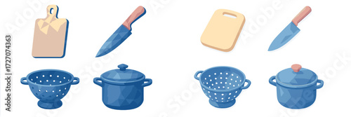 Kitchen tools and utensils arranged for cooking preparation in a modern style