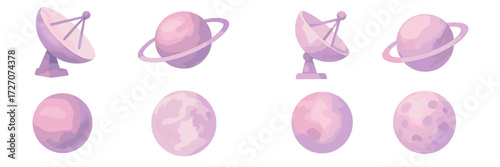 Colorful watercolor illustrations of planets and satellite dishes in shades of pink and purple showcasing space themes and cosmic designs