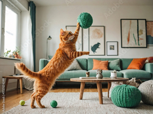Cute orange cat play with yarn balls in colorful living room