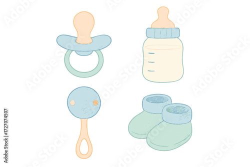 Cute baby items collection including pacifier, bottle, teether, and booties in soft colors with simple designs
