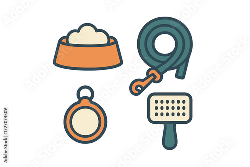 Dog feeding and grooming supplies with a bowl, leash, tag, and brush arranged together for pet care