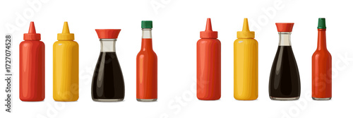 Condiment bottles arranged on a clean surface with assorted colors and shapes for culinary use and food preparation