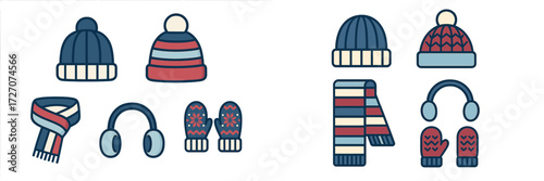 Winter accessories collection featuring hats, gloves, scarves, and earmuffs in cozy designs and colors