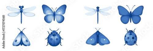Bright blue insect illustrations showing various species in a creative arrangement on a white background