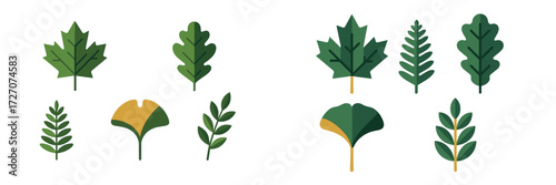 Collection of various green leaves showcasing unique shapes and styles in a simple design