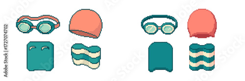 Swimming gear collection includes goggles, caps, and swim floats in vibrant colors for aquatic fun and safety